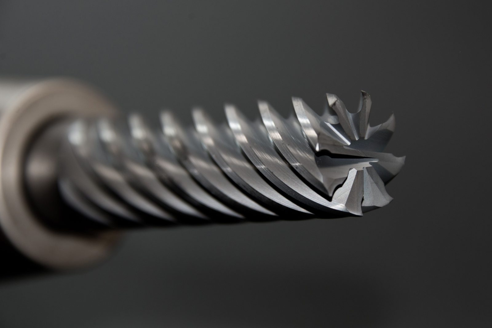 Macro view of a dental bur under inspection