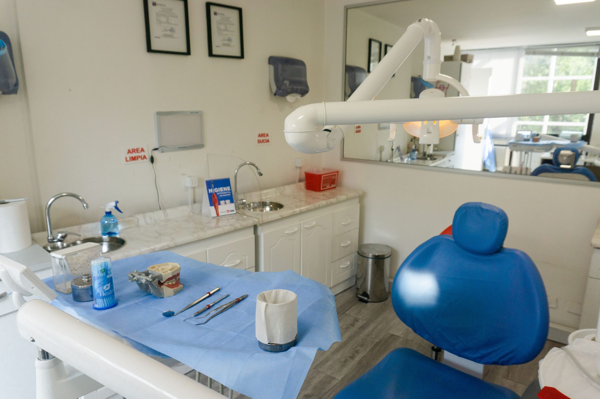 Dental treatment room with instruments laid out