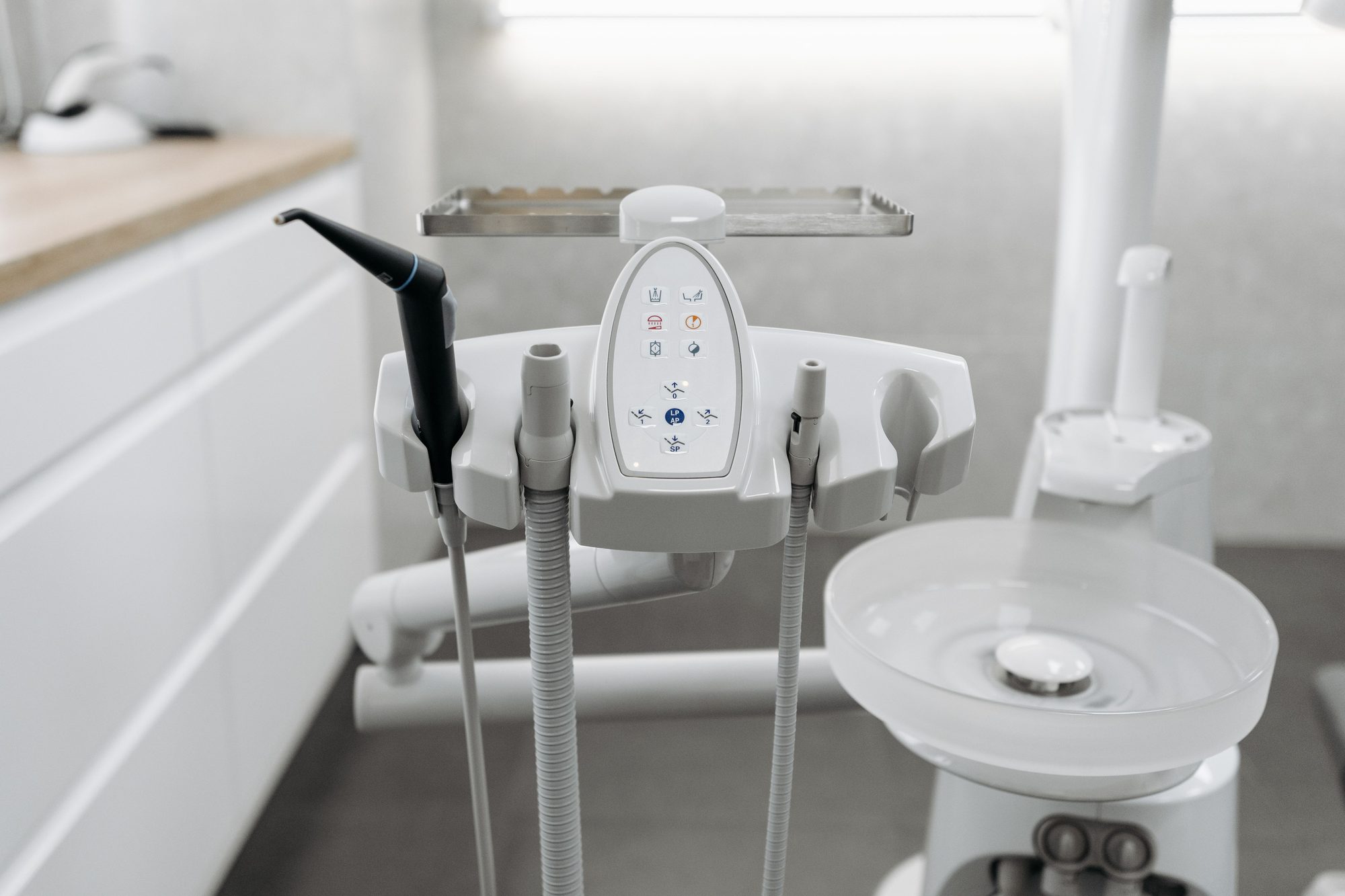Close-up of a dental treatment unit in a bright clinic