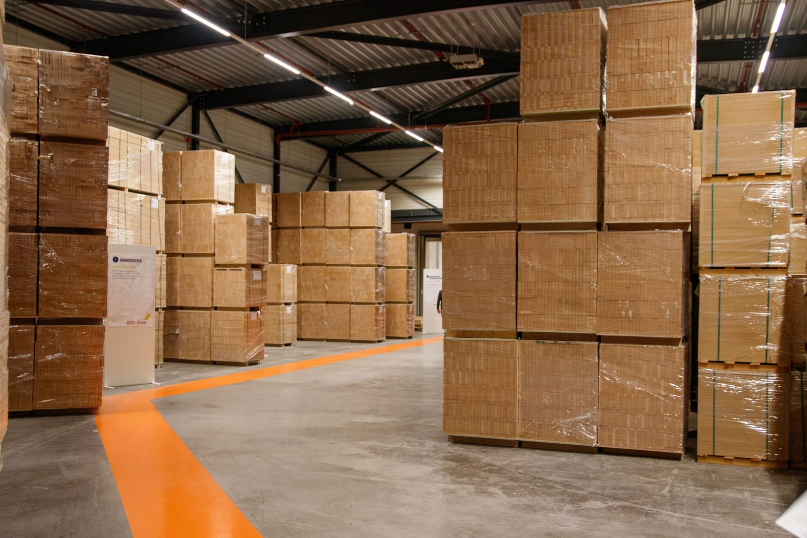 Cartons stacked in a distribution warehouse